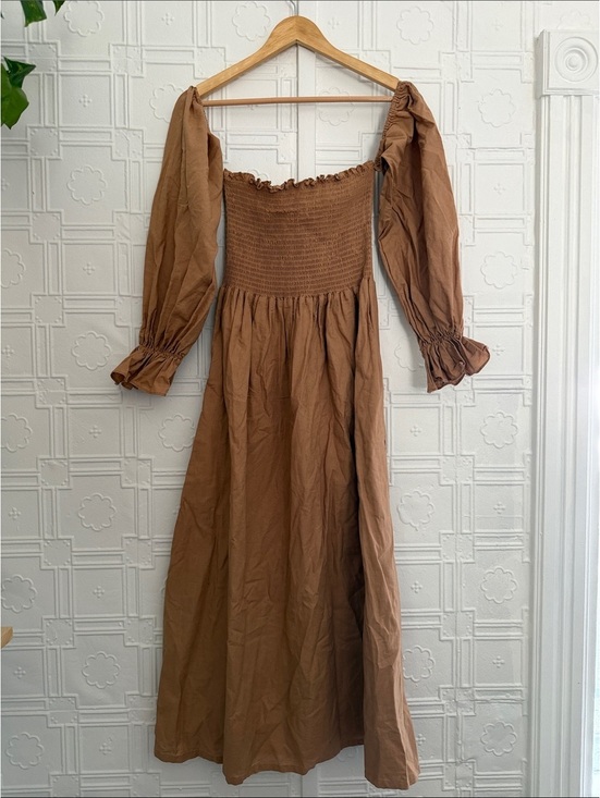 Petal & Pup Dresses & Skirts - Petal + Pup Brown Linen Blend Smocked Midi Dress Puff Sleeve Size L Cottagescore
